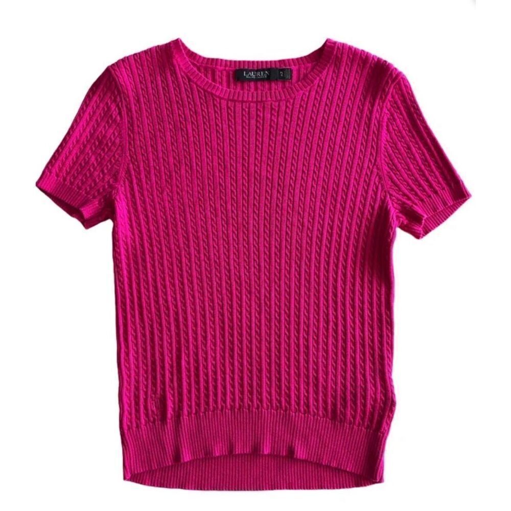 Ralph Lauren Women’s XL Cable Short sl Sweater Crew Neck‎ Top/Bright Pink Barbie
